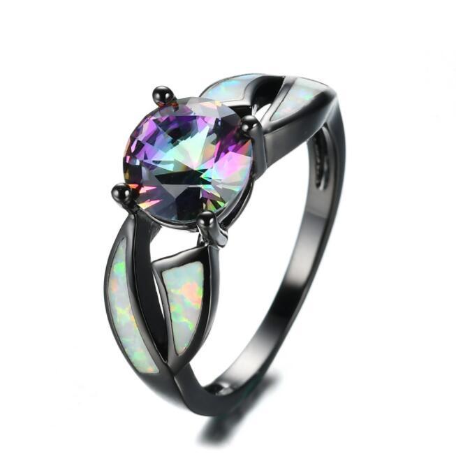 White fire opal ring charm jewelry colorful rainbow sappjire men women black gold engagement ring jewelry with women