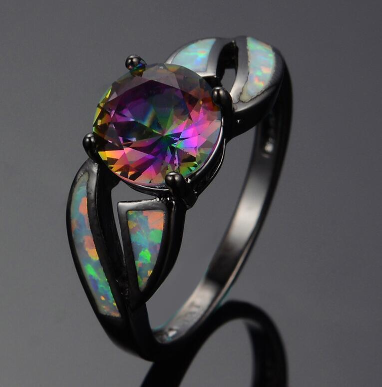 White fire opal ring charm jewelry colorful rainbow sappjire men women black gold engagement ring jewelry with women