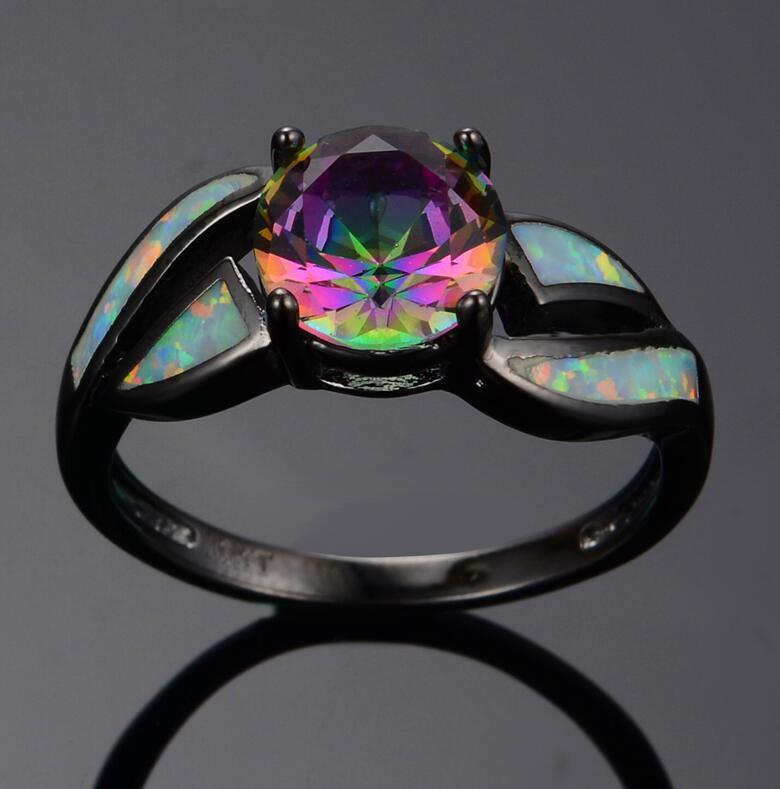 White fire opal ring charm jewelry colorful rainbow sappjire men women black gold engagement ring jewelry with women