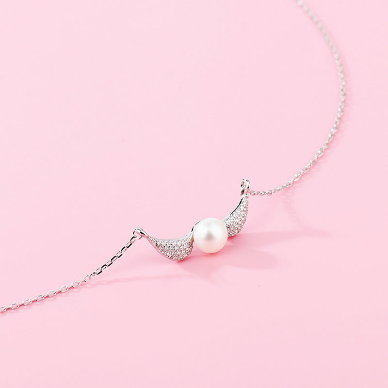 S925 Sterling Silver Jewelry Korean Fashion Zircon Inlaid Pearl Pendant Short Clavicle Chain Angel Wing Necklace Female