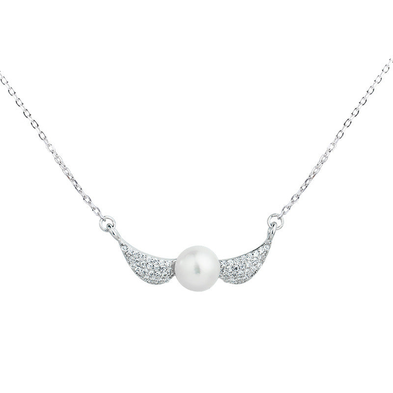 S925 Sterling Silver Jewelry Korean Fashion Zircon Inlaid Pearl Pendant Short Clavicle Chain Angel Wing Necklace Female