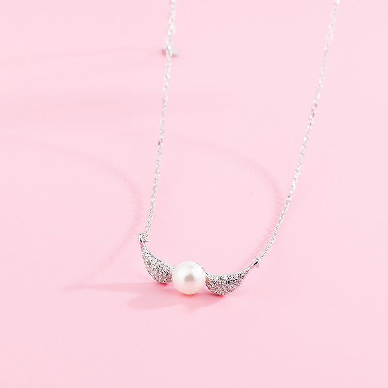 S925 Sterling Silver Jewelry Korean Fashion Zircon Inlaid Pearl Pendant Short Clavicle Chain Angel Wing Necklace Female