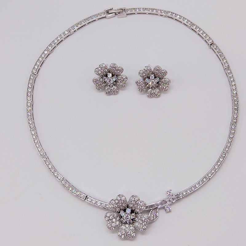 Camellia Zircon Necklace And Earrings Set