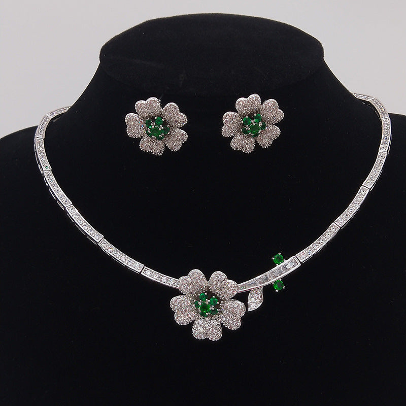 Camellia Zircon Necklace And Earrings Set