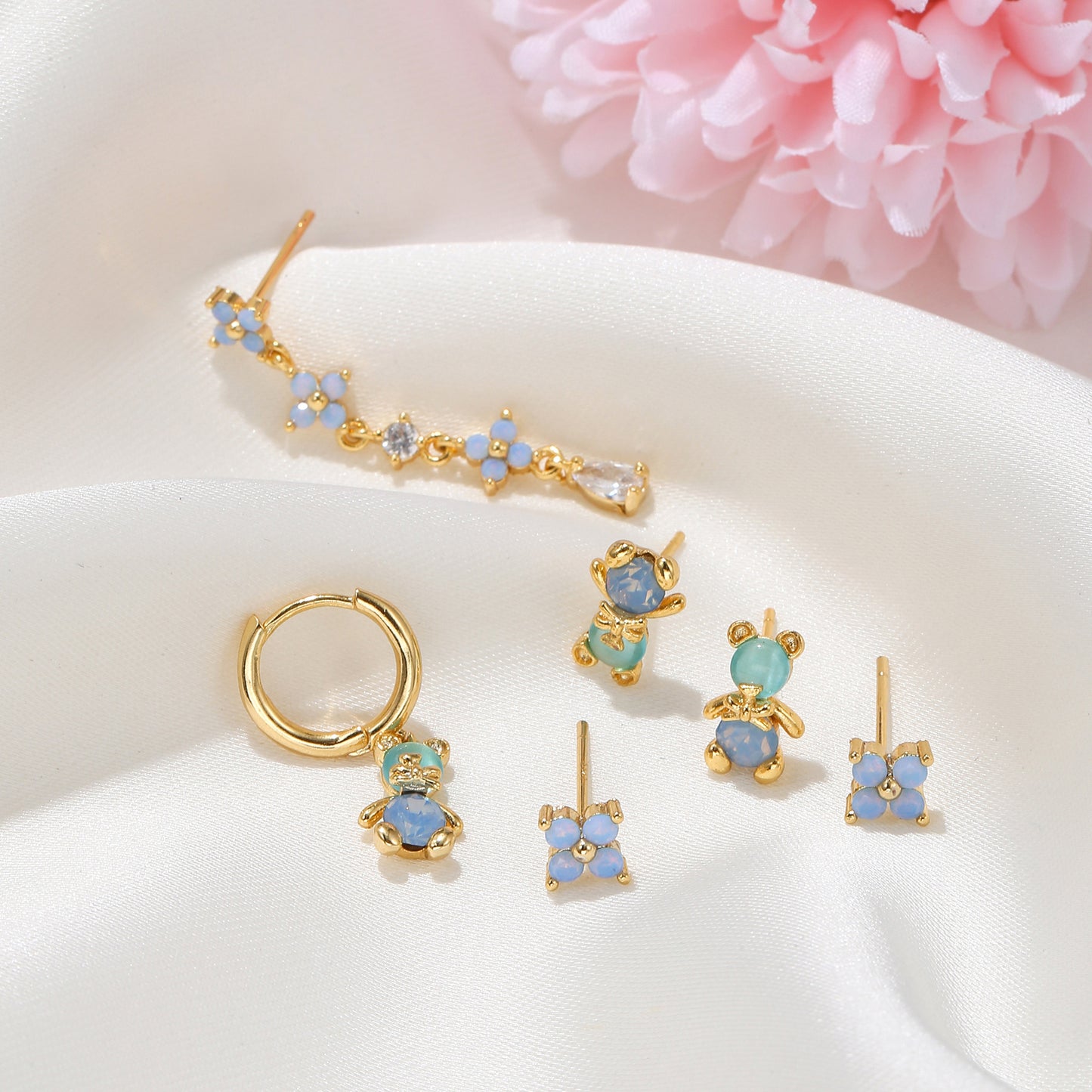 Little Bear Flower Earring Set Fashion Artistic Sense