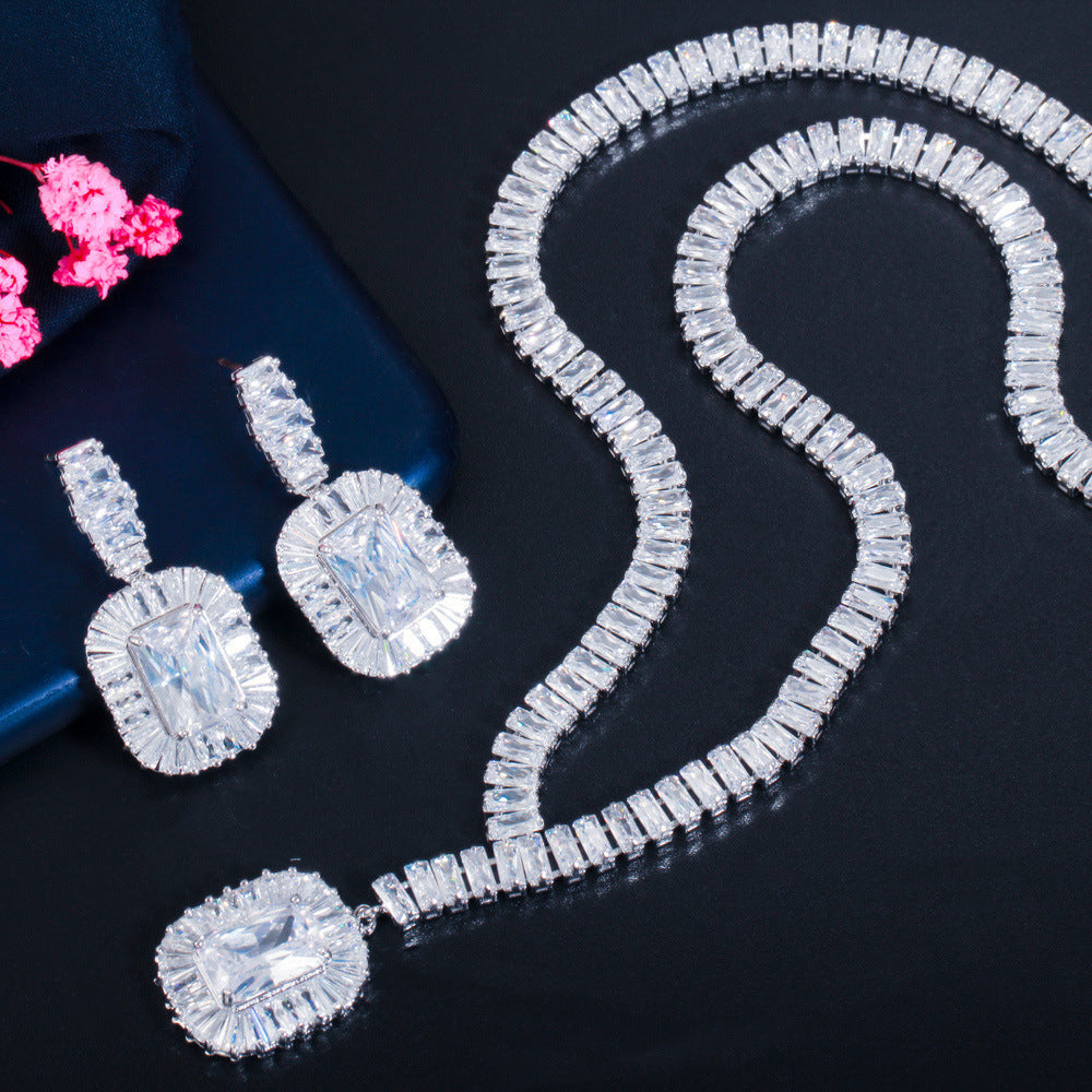 Platinum Zircon Earrings Necklace Set