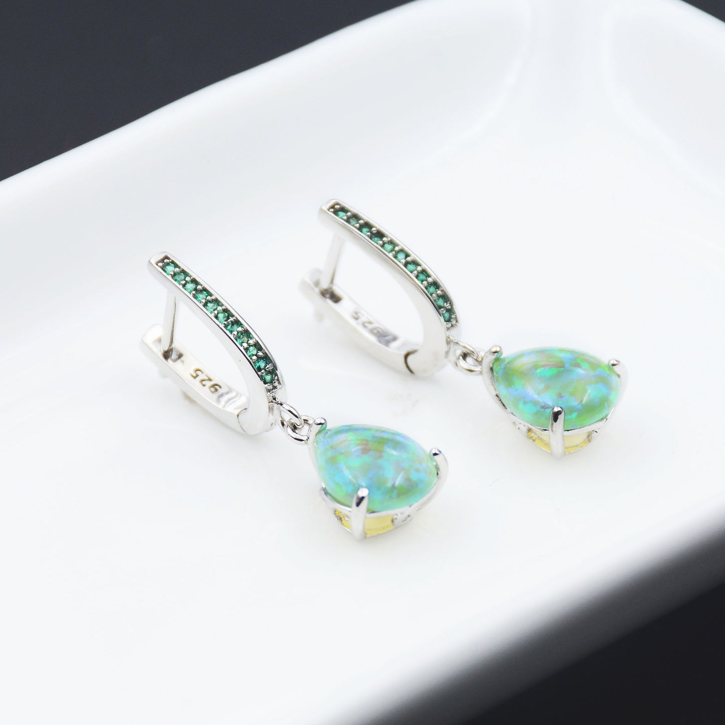 Green Teardrop Set Zircon Opal Earrings