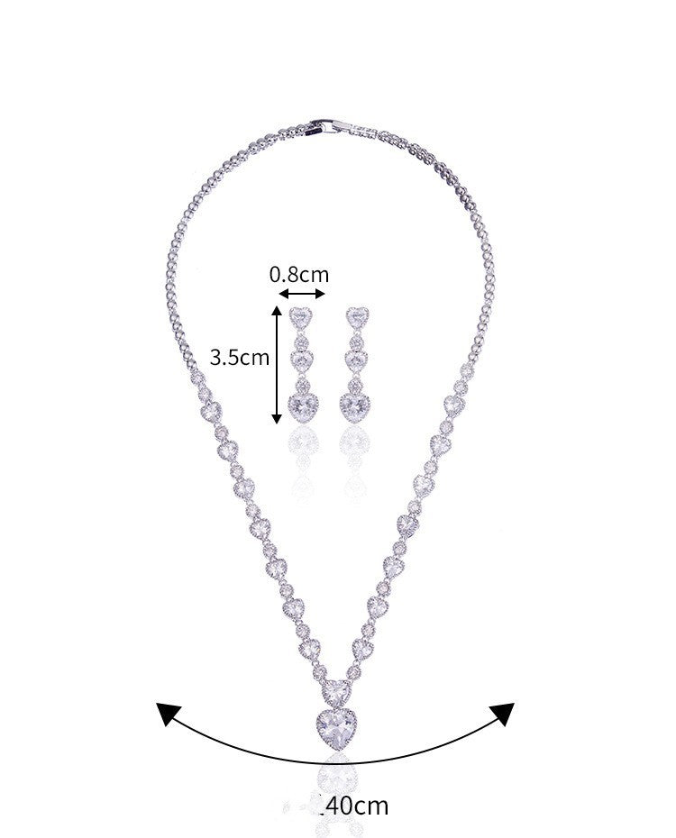 Silver Needle Zircon Bridal Jewelry Set Hollow Heart-shaped Earrings Necklace