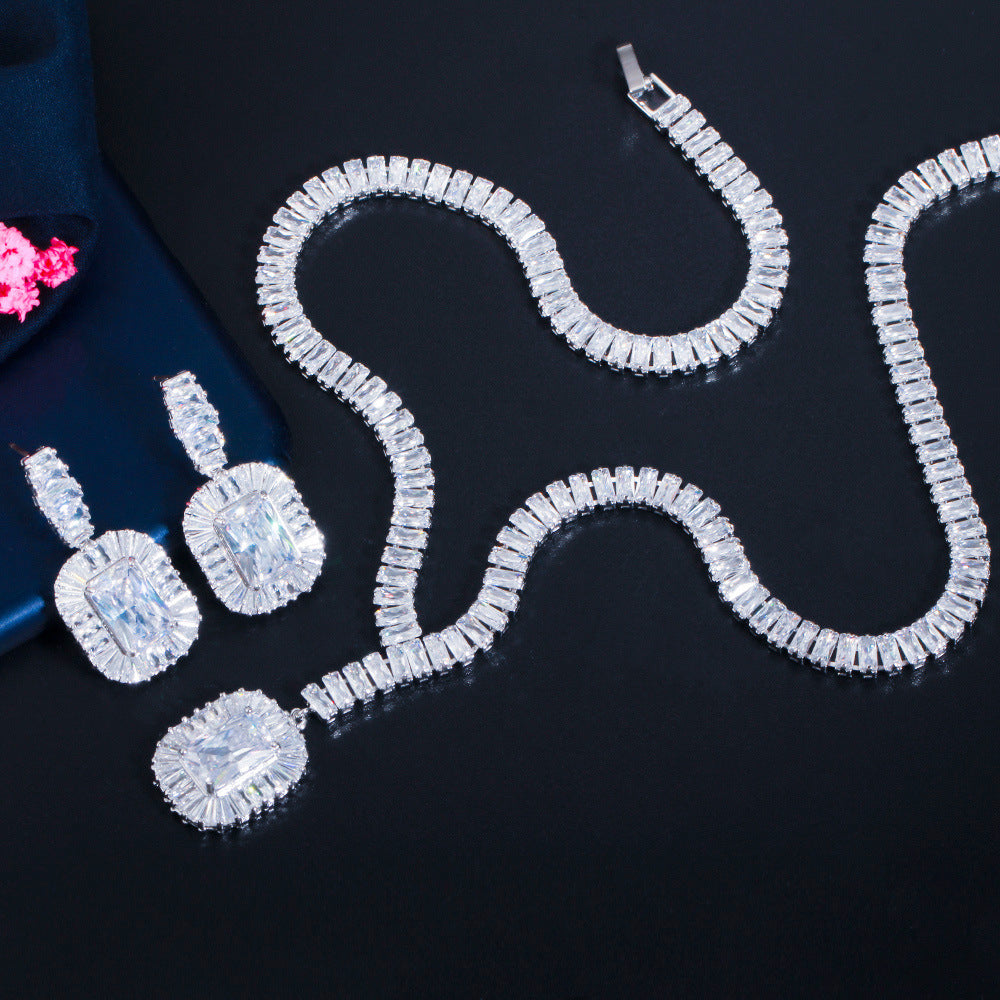 Platinum Zircon Earrings Necklace Set