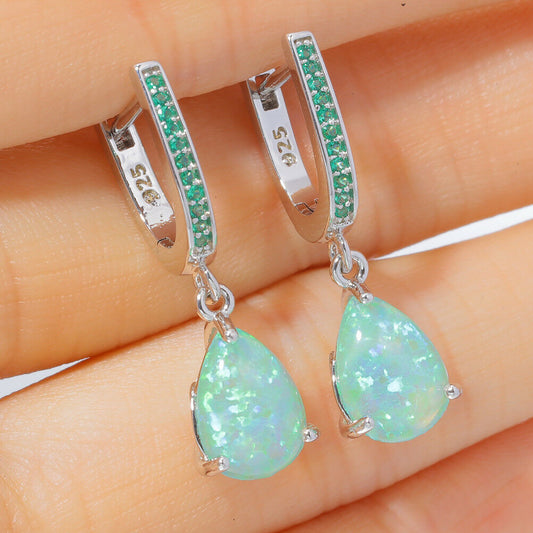 Green Teardrop Set Zircon Opal Earrings