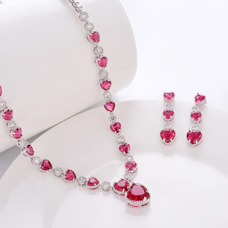 Silver Needle Zircon Bridal Jewelry Set Hollow Heart-shaped Earrings Necklace